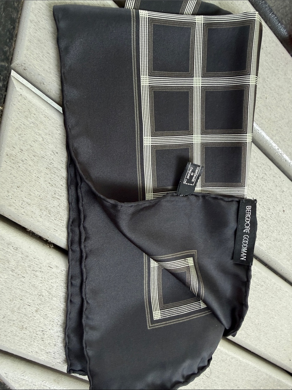 Bergdorf Goodman Black Silk Pocket Square with Cream Grid England 20x20”